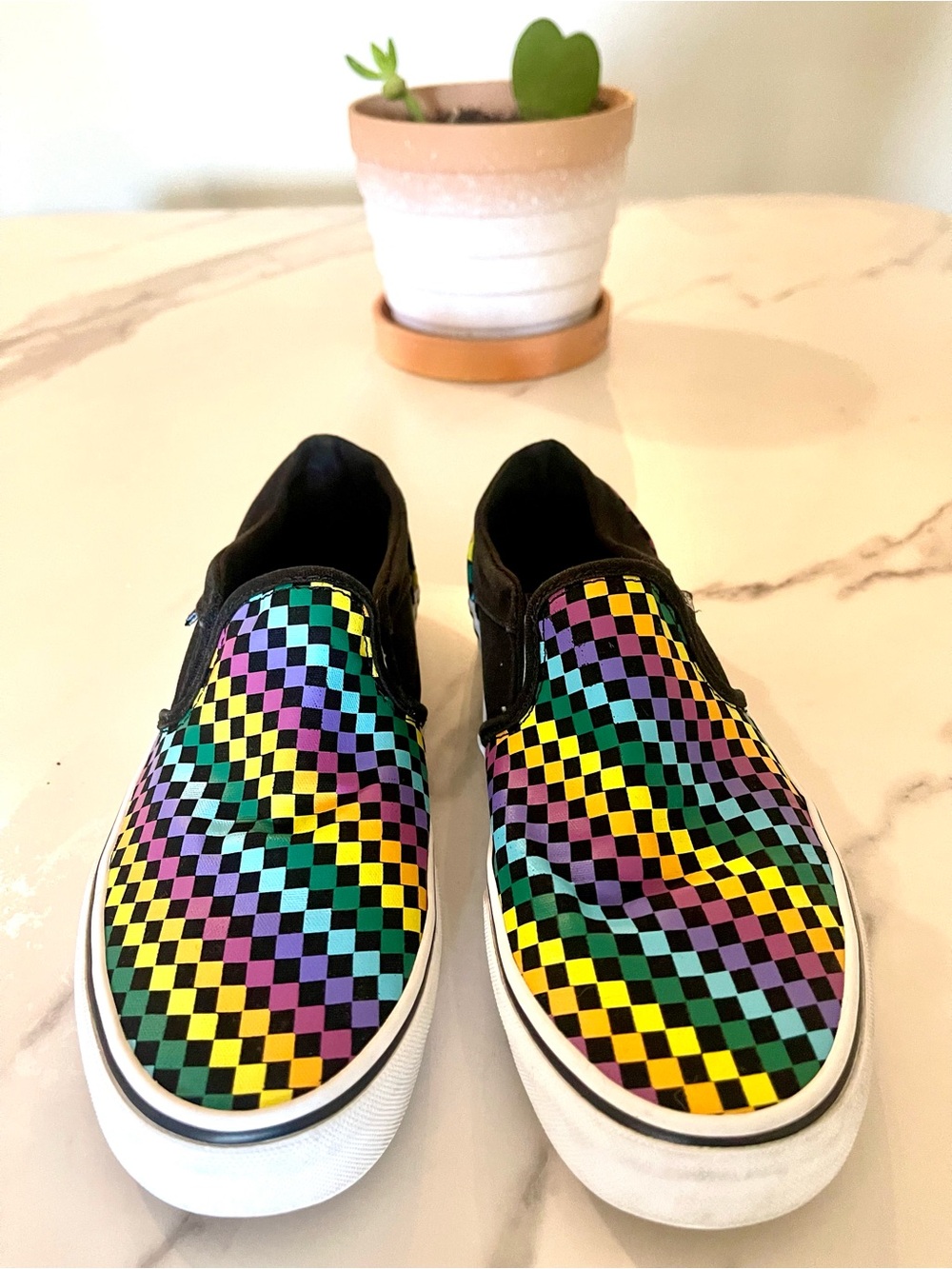 Vans Women's Slip-On Checkerboard Flats in Black, Yellow, Green, Purple, Teal - Picture 1 of 5